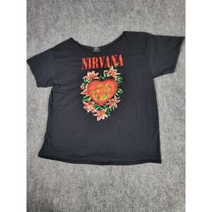 Nirvana Graphic T-Shirt Women Sz M Heart Floral‎ Band Tee Black Music Concert